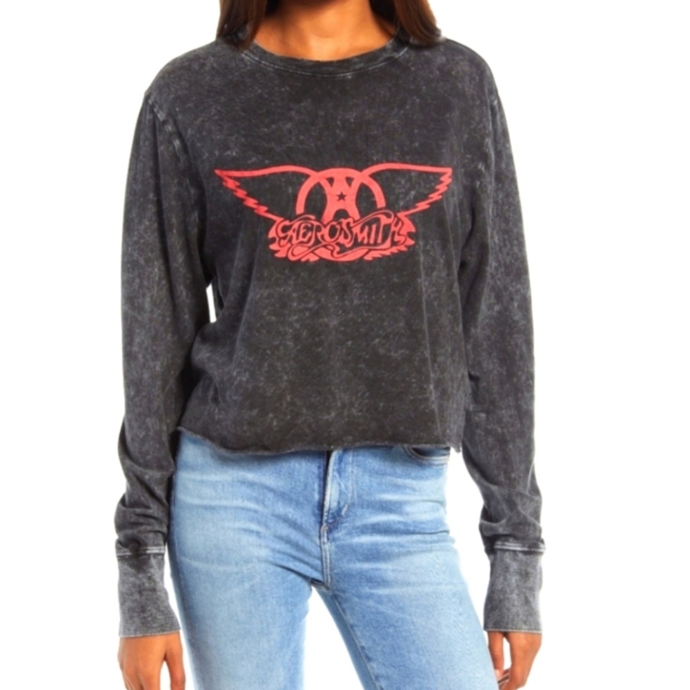 NEW Treasure & Bond Aerosmith Graphic Band Long Sleeve Crop Tee Size Small